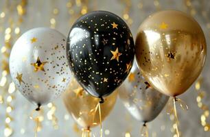 ai gegenereerd kleurrijk ballonnen met glimmend sterren en goud en zwart strepen foto