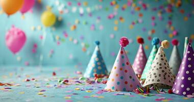 ai gegenereerd kleurrijk partij hoeden en confetti Aan blauw achtergrond foto