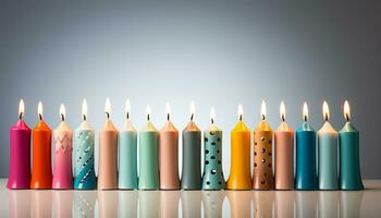 ai gegenereerd levendig gekleurde kaarsen verlichten viering in een rij gegenereerd door ai foto