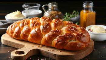 ai gegenereerd vers gebakken brood Aan rustiek houten snijdend bord, klaar naar eten maaltijd gegenereerd door ai foto