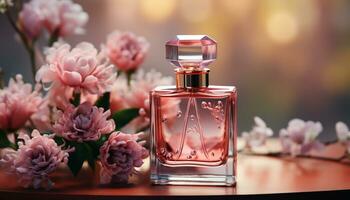 ai gegenereerd luxe parfum fles weerspiegelt elegantie en vrouwelijkheid in natuur gegenereerd door ai foto