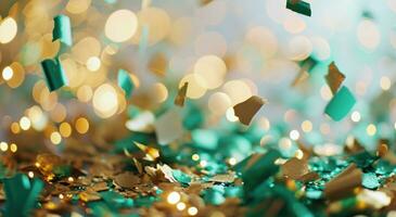 ai gegenereerd goud en groen confetti confetti kader vlak decoratie foto