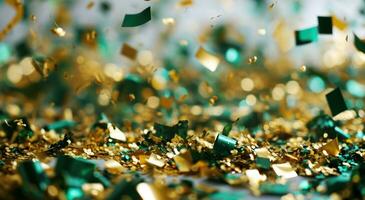 ai gegenereerd goud en groen confetti confetti kader vlak decoratie foto