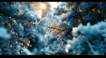 ai gegenereerd ijzig sneeuwvlok kader in de omgeving van een Kerstmis boom kader foto