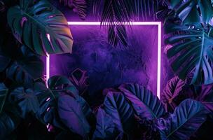 ai gegenereerd neon kader Aan donker achtergrond Aan de Purper achtergrond met groen bladeren foto