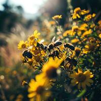 ai gegenereerd veel honingbijen zijn in tussen geel bloemen foto