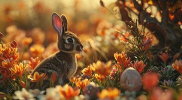 ai gegenereerd Pasen konijn in de veld- met kleurrijk eieren foto