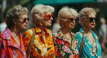 ai gegenereerd vier Dames Aan de straat vervelend kleurrijk kleding en zonnebril foto