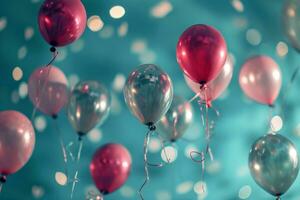 ai gegenereerd roze, blauw en zilver helium ballonnen vallend achter een blauw achtergrond foto
