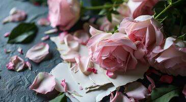 ai gegenereerd roze roos bloemblaadjes, leeg wit papier, en boeketten voorraad beeldmateriaal foto