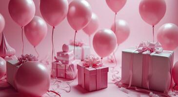 ai gegenereerd roze achtergrond met ballonnen en cadeaus Aan het foto