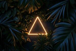 ai gegenereerd neon driehoek omringd door tropisch planten foto