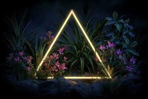 ai gegenereerd neon driehoek met tropisch planten foto