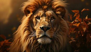 ai gegenereerd majestueus leeuwin schuilplaats in de wildernis, op zoek Bij zonsondergang gegenereerd door ai foto