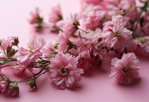 ai gegenereerd roze bloemen zijn houdende aan de overkant een roze achtergrond foto