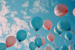 ai gegenereerd divers blauw en roze ballonnen zijn gezien in de lucht, foto