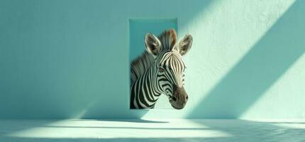 ai gegenereerd visie van de zebra gluren in de muur zebra foto