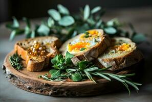 ai gegenereerd verpakt plakjes van brood, eieren en kruiden Aan houten portie dienblad, foto