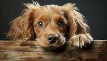 ai gegenereerd schattig puppy zitten, op zoek Bij camera, speels, pluizig vacht gegenereerd door ai foto