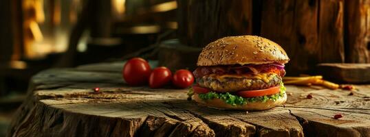 ai gegenereerd de gebakken hamburger zittend Aan hout in een houten tafel foto