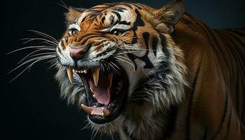 ai gegenereerd majestueus Bengalen tijger brullend, woest en wild in natuur gegenereerd door ai foto