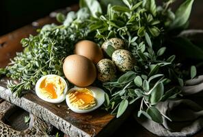 ai gegenereerd verpakt plakjes van brood, eieren en kruiden Aan houten portie dienblad, foto