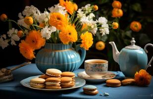 ai gegenereerd een Pasen tafel met koekjes en een bloem foto