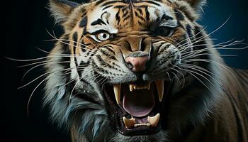 ai gegenereerd majestueus Bengalen tijger brullend, woest en bedreigd in natuur gegenereerd door ai foto