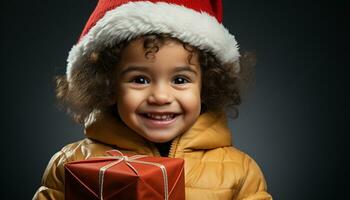 ai gegenereerd glimlachen kind, schattig geschenk, winter viering, geluk, blij portret gegenereerd door ai foto