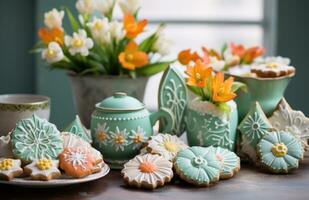 ai gegenereerd Pasen koekjes zijn Aan een tafel met bloemen en sommige foto