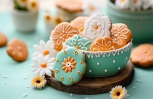 ai gegenereerd Pasen koekjes zijn Aan een tafel met bloemen en sommige foto