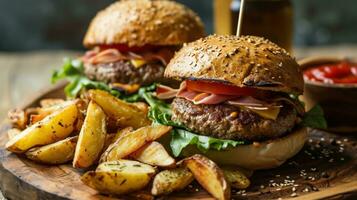 ai gegenereerd verrukkelijk steak hamburgers met ham en krokant aardappel wiggen foto