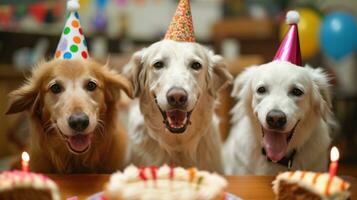 ai gegenereerd schattig gelukkig puppy honden met een verjaardag taart vieren foto