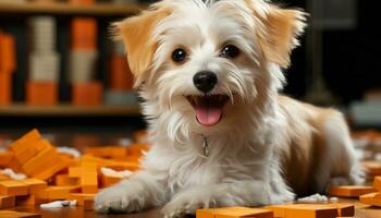 ai gegenereerd schattig puppy zittend Aan tafel, op zoek Bij camera, speels gegenereerd door ai foto