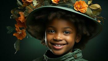 ai gegenereerd glimlachen Afrikaanse kind, geluk in schattig portret, op zoek Bij camera gegenereerd door ai foto