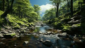 ai gegenereerd rustig tafereel vloeiende water, groen bomen, reflecterend berg gegenereerd door ai foto