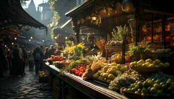 ai gegenereerd versheid en verscheidenheid Bij de beroemd nacht markt verkoper gegenereerd door ai foto