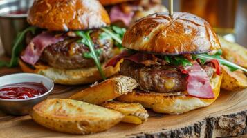 ai gegenereerd verrukkelijk steak hamburgers met ham en krokant aardappel wiggen foto