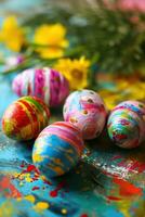 ai gegenereerd levendig achtergrond, kleurrijk eieren, feestelijk decoraties foto