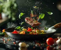 ai gegenereerd frituren pan met steak en groenten vliegend foto