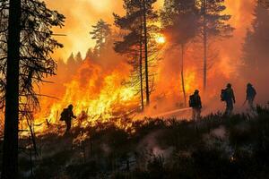 ai gegenereerd vier brandweerlieden wandelen door een Woud met vlammen foto