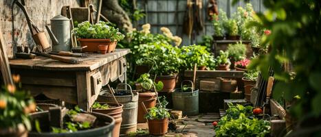 ai gegenereerd tuin gereedschap en buitenshuis uitrusting De volgende naar een pad foto