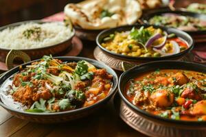 ai gegenereerd meerdere gerechten van Indisch keuken Aan hout foto