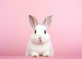 ai gegenereerd aanbiddelijk bruinen en wit konijn Aan roze achtergrond konijn foto