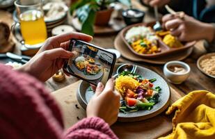 ai gegenereerd mensen nemen een foto Aan hun slim telefoon van een bord van voedsel