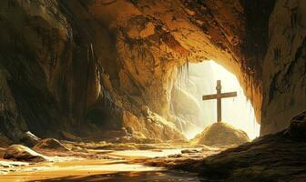 ai gegenereerd van Jezus kruisbeeld in de grot Bij zonsopkomst foto