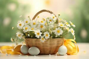 ai gegenereerd de mand met eieren en bloemen met bloemen is versierd foto