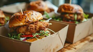 ai gegenereerd straat voedsel. vlees kotelet hamburgers zijn in papier dozen foto