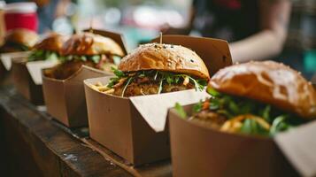 ai gegenereerd straat voedsel. vlees kotelet hamburgers zijn in papier dozen foto