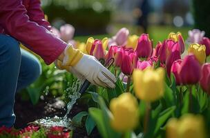 ai gegenereerd de vrouw in tuinieren handschoenen gieter tulpen in de tuin foto